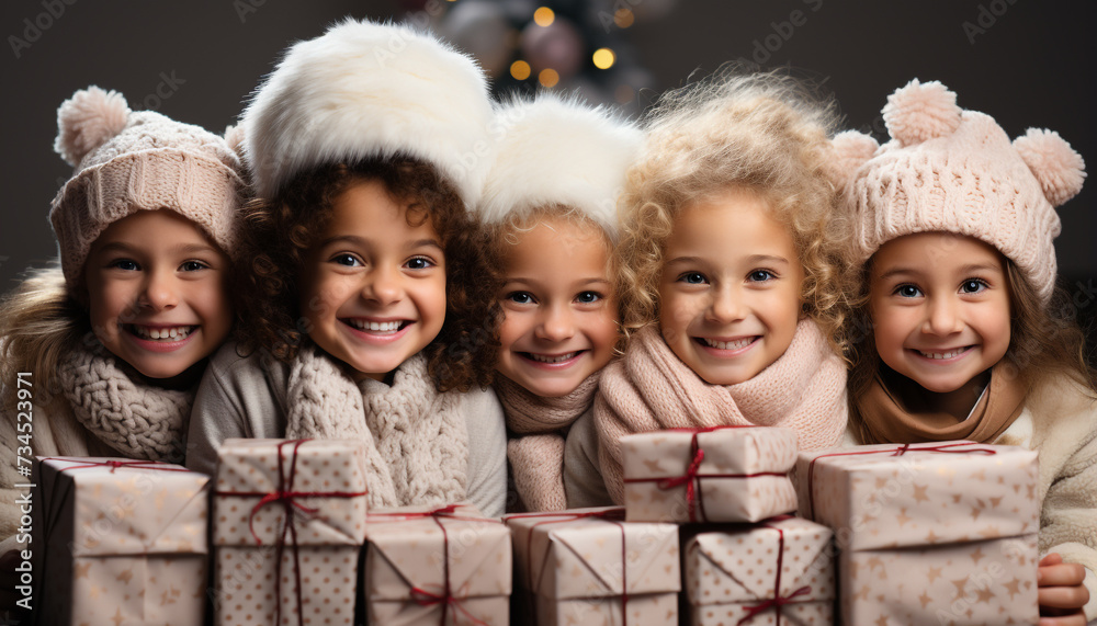 Sticker Smiling children holding wrapped gifts, celebrating Christmas with joy generated by AI