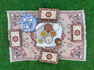 Traditional Ramadan Iftar Table in the Garden Drone Photo, Eid Mubarak Concept Uskudar, Istanbul Turkiye (Turkey)