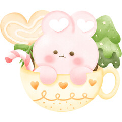 rabbit in coffee cup Surrounded by candy