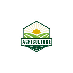 business and Farm Food vector logo design illustration, tractor farm, land farming, crop field, pasture, milk, barn, on green background