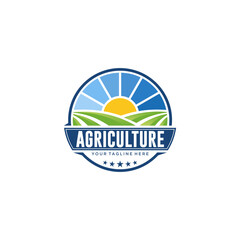 business and Farm Food vector logo design illustration, tractor farm, land farming, crop field, pasture, milk, barn, on green background