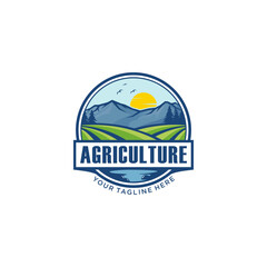 business and Farm Food vector logo design illustration, tractor farm, land farming, crop field, pasture, milk, barn, on green background