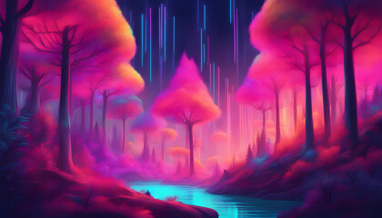 Fantasy of neon forest. Glowing colorful fairytale.