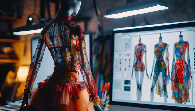 Mannequin admires a digital design version of itself on a computer screen.