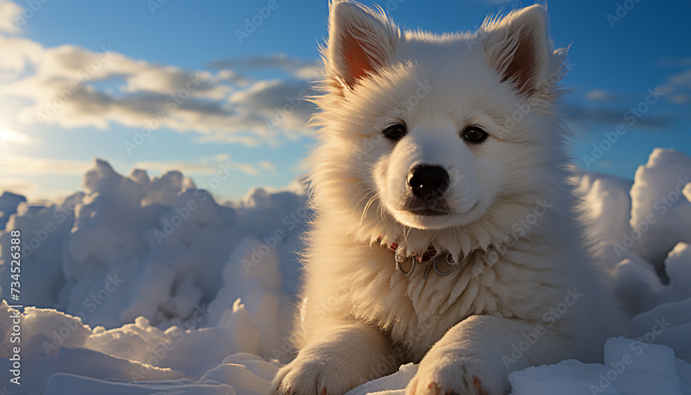 Poster cute samoyed puppy playing in the snowy winter forest generated by ai