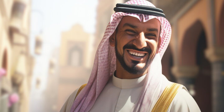Saudi men smile and dress up in traditional headwear, generative AI