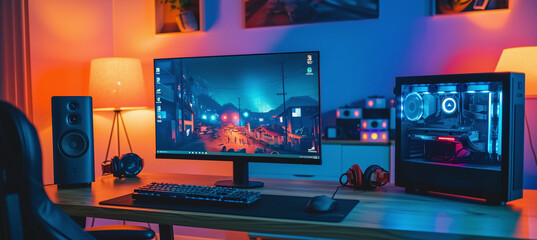 A nice computer setup with beautiful room lighting