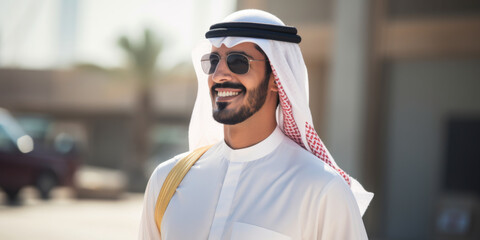 Fototapeta na wymiar Saudi men smile and dress up in traditional headwear, generative AI
