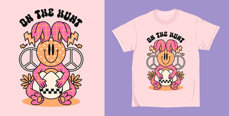 On the hunt 90s Retro easter groovy cartoon character, easter bunny t shirt design vector. Hippie easter illustration for print