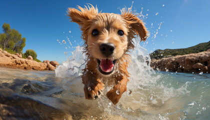 Cute puppy splashing in the water, pure joy on sand generated by AI
