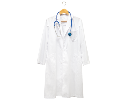 ハンガーにかけられた白衣、聴診器。医師、病院、医学生などのイメージ
