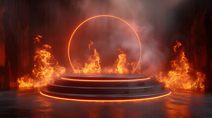 Empty podium stage with flames and smoke background