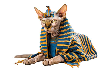 Sphynx hairless cat dressed in a Pharaoh costume, isolated on transparent background.