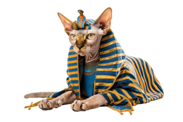 Sphynx hairless cat dressed in a Pharaoh costume, isolated on transparent background.