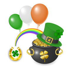 A green leprechaun hat lies on a pot with gold coins and a golden horseshoe, between them there is a rainbow and colorful balloons, illustration for St. Patrick's Day. Vector illustration.