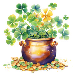 A gold pot filled with gold coins and clover.
