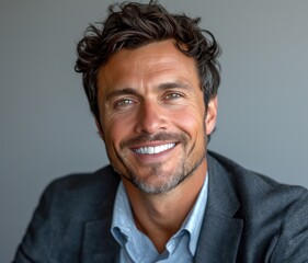 Obraz premium Portrait of handsome smiling businessman with suit in professional studio background