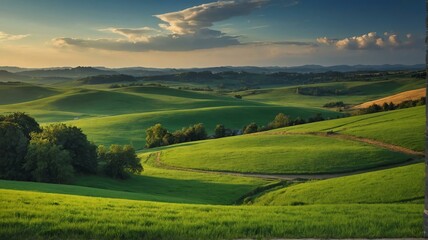Green pastures landscape view for celebrations and greeting card from Generative AI