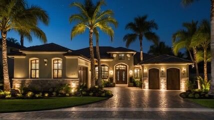 Luxury home in private community with paver block driveway, palm trees and greenery landscaping at night from Generative AI - obrazy, fototapety, plakaty