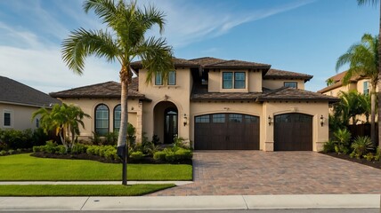 Fototapeta na wymiar Luxury home in private community with paver block driveway, palm trees, and greenery landscaping from Generative AI