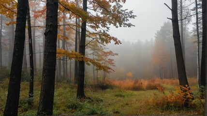 Misty mornings in wooded areas with fall colors landscape view for celebrations and greeting card from Generative AI