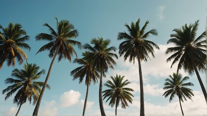 Palm trees swaying in a tropical breeze landscape view for celebrations and greeting card from Generative AI