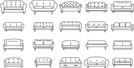 Set of Sofa, couch icons in line styles editable stock. Outline signs pictogram on transparent background. Furniture symbols illustration. Pixel perfect vectors for website designs and mobile apps.