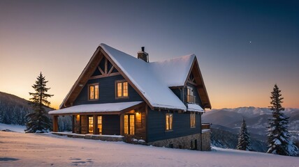 Peaceful and tranquil snowy winter photo of a house in the mountains at sunset from Generative AI