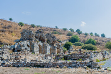 Fototapeta na wymiar Ruins of stone arches against a clear sky with sparse greenery in Ephesus, Turkiye.