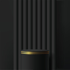 Abstract dark 3d room with set of black and golden realistic cylinder pedestal podium in luxury style. 3d podium with luxury geometric forms set scene. Vector