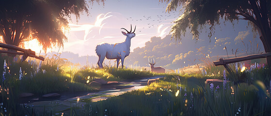 animated illustration of a deer and a deer in a field