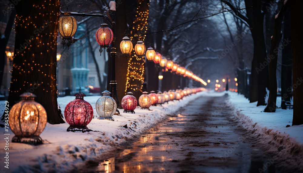 Canvas Prints Winter night outdoors, snow covered tree illuminated by lantern light generated by AI