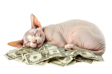Sphinx hairless cat sleeping on cash, isolated on transparent background.