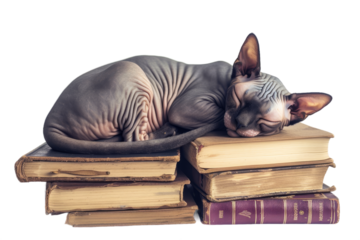Cat sleeping on a pile of old books, isolated on transparent background.