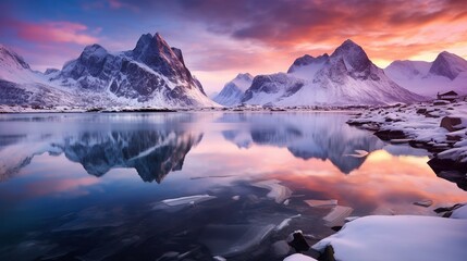 Winter landscape with snow covered rocks, fjord at night. Frozen sea coast at colorful sunset in Lofoten islands, Norway. Snowy mountains. copy space for text. - obrazy, fototapety, plakaty