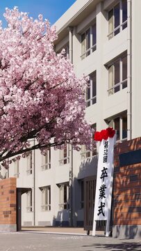 桜が満開に咲く卒業式当日の校門 / 縦構図動画 / 卒業式・別れと巣立ち・青春とノスタルジーのモーションイメージ / 3Dレンダリング
