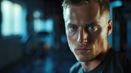 Close-up of a young man in a gym, intense gaze under moody lighting - obrazy, fototapety, plakaty