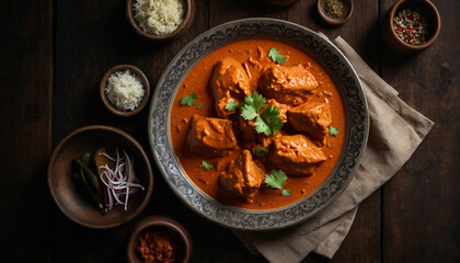 A top down view capturing the rich colors and textures of butter chicken served on a round ceramic plate, set against the contrasting backdrop of a dark wooden table, with a hint of steam rising from 