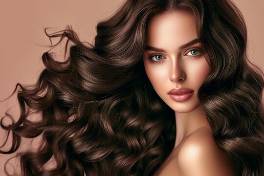 Beautiful model woman with wavy long and shiny curly hair