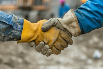 Close up of builders wearing gloves greeting each other with a handshake on a construction site symbolizing collaboration