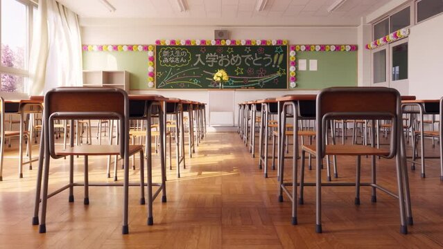 黒板にチョークでメッセージが描かれた入学式当日の教室 / 春の新生活のモーションイメージ / 3Dレンダリング