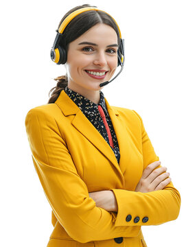 young charming confident woman with headset yellow suit callcenter 