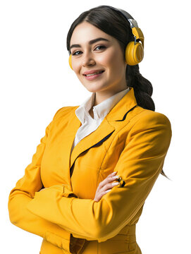 young charming confident woman with headset yellow suit callcenter 