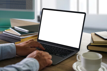 Fototapeta premium man using laptop screen blank, mockup work at home office Copy Space