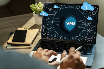 VPN Security Network with man using a laptop protection private network