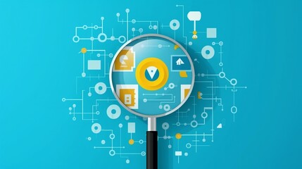 Magnifying glass with abstract technology icon on blue background.
