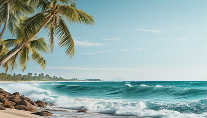 Idyllic sunset over tropical coastline, waves crash on sandy beach generated by AI