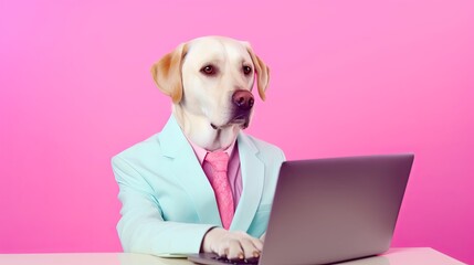 Labrador Retriever dog in suit using a laptop while working on bright pastel background. advertisement. presentation. commercial. editorial. copy text space.