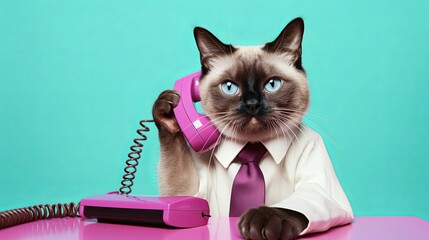  Siamese cat in suit talking on the phone while working on bright pastel background. advertisement. presentation. commercial. editorial. copy text space.