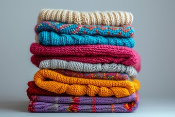 Colorful knitted sweaters stacked on a gray background
